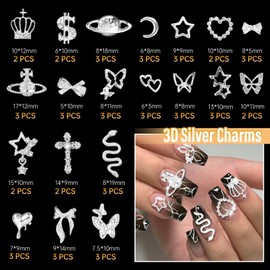 105 Pcs Silver+Gold Nail Gems Charms, Planet Crown Dollar Snake Dangle Star Bow Nail Charms 3D Nail Art Jewelry Alloy Rhinestones Gems+Charms for Nail Art DIY Jewel Accessories
