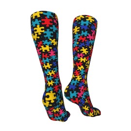 ZCERA Kids Cozy Knee High Tube Compression Socks Autism Awareness Colorful Puzzle Novelty Athletic Long Socks for Child Girls Boys 19.8in