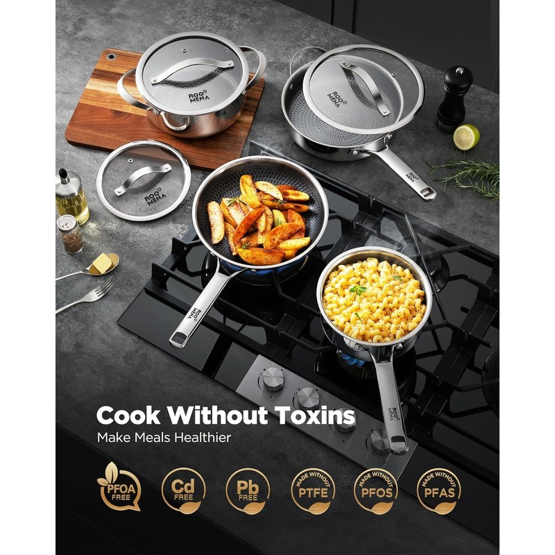 Nonstick Frying Pans with Lid, 5Qt Hybrid Ceramic Tri-Ply Saute