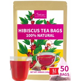 TeeLux Hibiscus Tea Bags, Natural Hibiscus Flowers Herbal Tea, Caffeine Free, Refreshing Tart Flavor, Hot & Iced Tea, 50 Count
