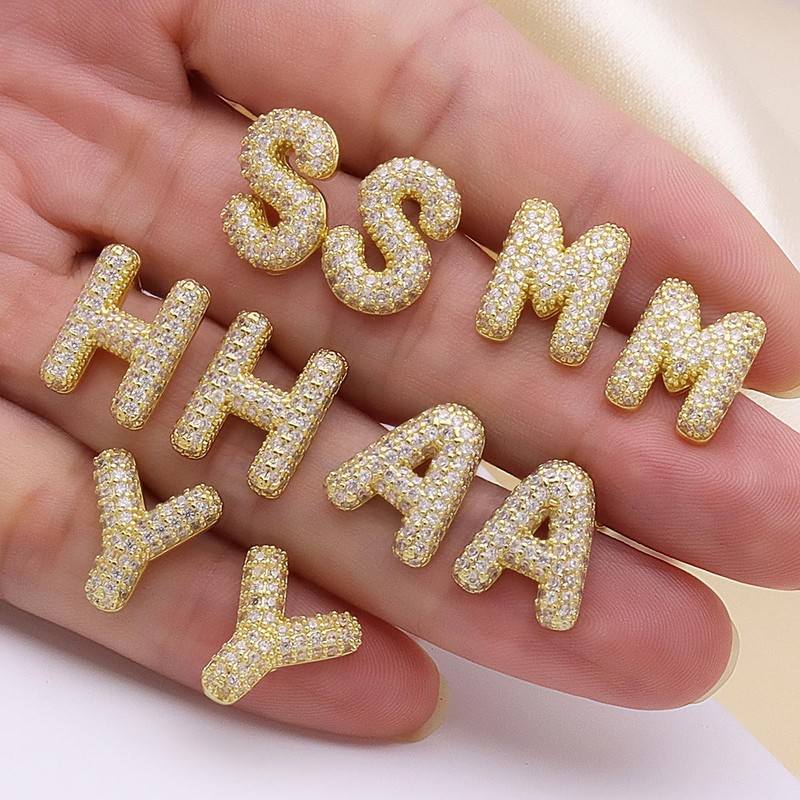 Gold Bubble Initial Letter Stud Earrings for Women Cubic Zirconia