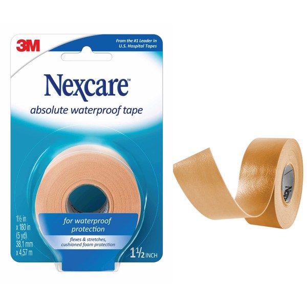 Nexcare Absolute Waterproof First Aid Tape, Strong Adhesive Stays On During Water Activities And Exercising, 1.5 in x 5 yds, 1 Roll
