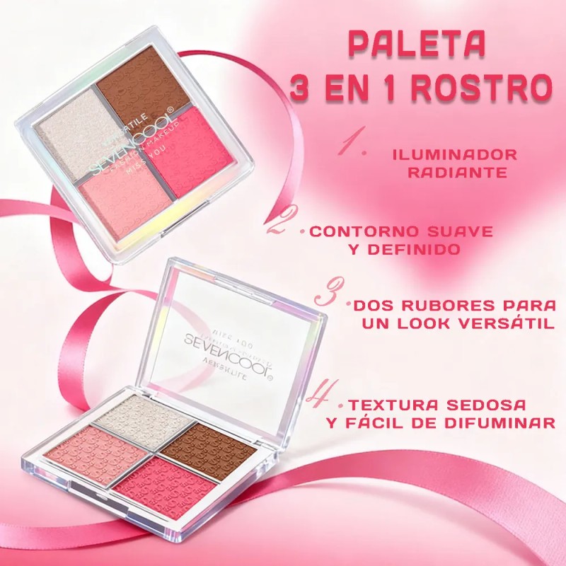 Paleta Rostro 3 En 1 Rubor Iluminador Contorno 4 Tonos