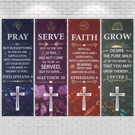 Hahafelt 4 Pcs Church Banners with Scripture 2ft x 6ft Oxford Cloth Church Banners for Sanctuary Wall Worship Christian Bible Verse Banner Welcome Inspirational Religious Hanging Sign for Church Decor