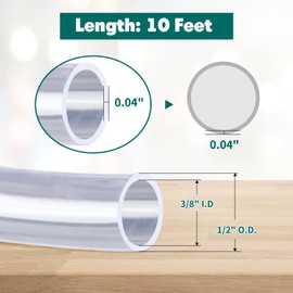10 Feet - 3/8" ID x 1/2" OD Clear Vinyl Tubing, Flexible PVC Plastic Tubing, Lightweight Plastic Hose Pipe, BPA Free and Non Toxic Clear Hose