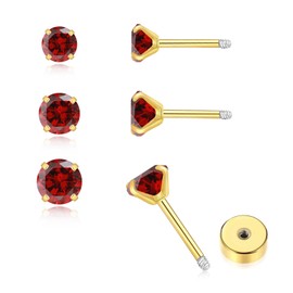 3Pairs CZ Stud Flat Screw Back Earring Studs for Women, Handmade 20G Hypoallergenic Screw Back Cartilage Helix Piercing Stud Earrings (2mm/3mm/4mm Gold, Garnet CZ)
