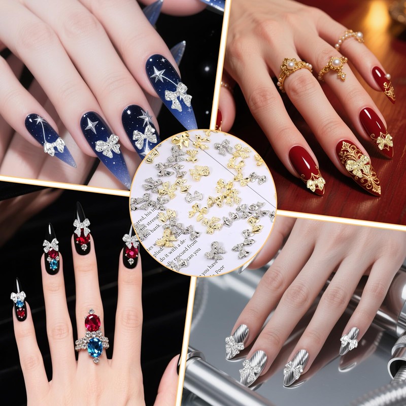 100 Pcs Bow Nail Art Charms Gold and Silver Bow