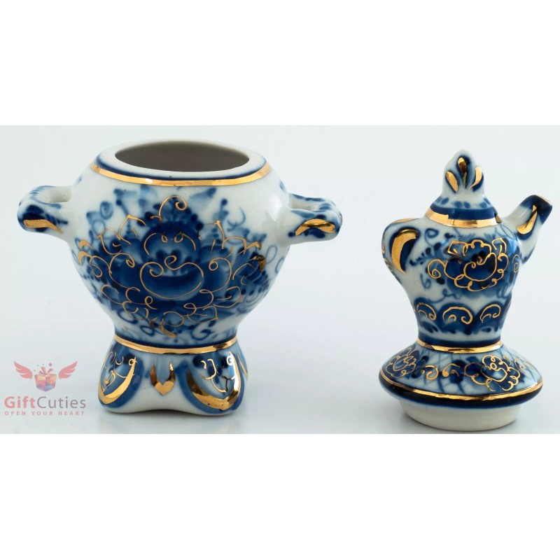 Gzhel Blue White & Gold Porcelain Samovar Teapot Figurine collectible