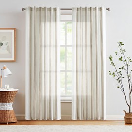 jinchan Striped Linen Curtains 90 Inch Long for Living Room Tan Stripe Curtains Semi Sheer Curtains Back Tab Light Filtering Modern Farmhouse Rustic Drapes for Bedroom Window Curtain Set 2 Panels