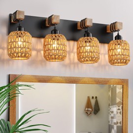 4 Light Bathroom Vanity Light Fixtures,Rustic Style Wood Bathroom Wall Sconce, with Boho Wicker Lampshade，suitable for bedroom, hallway, and living room,Rattan Black Farmhouse Wall Sconce