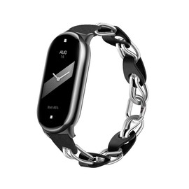 PINHEN Compatible for Xiaomi Smart Band 8/9 Band, Metal Stainless Steel Leather Ring Chain Belt Breathable Belt Elegant Replacement Strap for Ladies Women (Blacksilver)