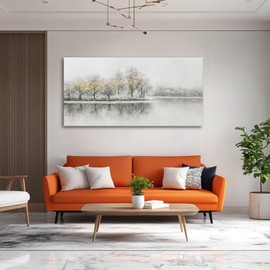 Grey Pictures Wall Decor Lake Painting Nature Scenery Artwork Forest Wall Decorations for Living Room Home 24x48 Inch Neutral Wall Art