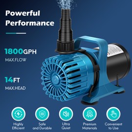 TONGCHANT 100W 1800 GPH Pond Pump for outdoor Ponds and Water Garden, Ultra-Quiet Fountain Pump with 180° Adjustable Outlet, 20FT Cord & Barrier Bag, Waterfall Pump, UL Listed