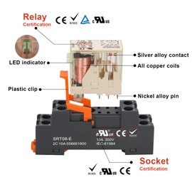 Weasch Power Relay RFT2CO012L, DC 12V Coil, 8 Pin 8A, DPDT 2NO 2NC, with LED Indicator Light and Plastic Clip Socket Base UL Certification (1)