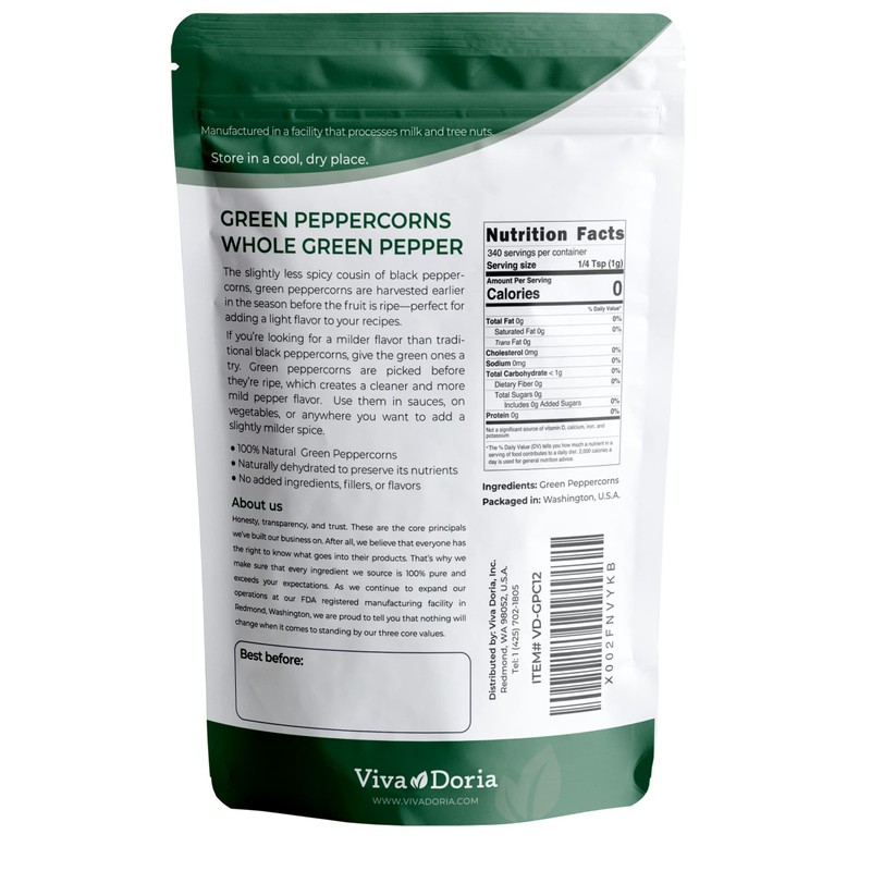 Viva Doria Green Peppercorns, Whole Green Pepper, Steam Sterilized,12 Oz,