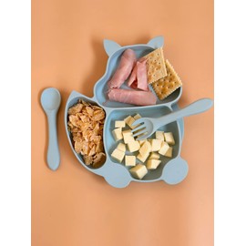 Vajilla para Bebé de Plato y Cubiertos con Ventosa y 3 Divisiones (Azul)