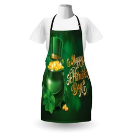 Ambesonne St. Patrick's Day Apron, Large Pot of Gold Leprechaun Hat Shamrocks Greetings 17th March, Unisex Kitchen Bib with Adjustable Neck for Cooking Gardening, Adult Size, Gold Emerald