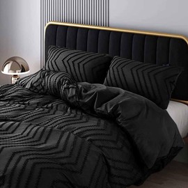 Nanko Black Duvet Cover Queen Size, 3pc Luxury Modern Masculine Microfiber Bedding Duvet Cover Set with Zipper Closure, Aesthetic Shabby Chic Soft Geometric Quilt Cover for Women Men 90x90 inches