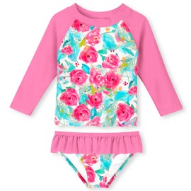UNIFACO Girls Long Sleeve Rashguard Swimsuit Set Two Piece Pink Floral Printed Beach Bikinki Swimwear Bathing Suits with UPF 50+ for Summer Swimming Surf