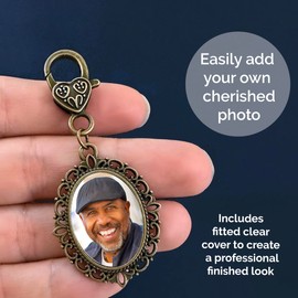 Bronze Antique Gold Wedding Bouquet Photo Charm for Walking Down the Aisle Remembrance Charm in Memory of a Loved One for Bride's Flowers with Photo Resizer