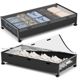 KITHELP Under Bed Storage with Wheels,2 Pack Under Bed Shoe Storage, Under the Bed Storage Drawers with Remove Window, Extra Large Rolling Under Bed Storage Metal Drawer for Clothes (Black-2 pack)