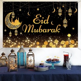 Eid Mubarak Banner Decorations, Black Gold Ramadan Mubarak Backdrop Banner, Large Fabric Ramadan Mubarak Sign Banner Muslim Festival Party Photography Wall Background for Outdoor Indoor, 185 x 110cm