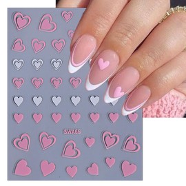 French Heart Nail Stickers for Nail Art 3D Self-Adhesive Holographic French Heart Design Nail Decals Black White Hollow Heart Nail Stickers Nail Charm for Women Girls DIY Manicure Decoration 6Sheets