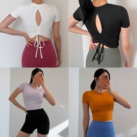 Airy Back Shirring Yoga Workout Top with Slit Short Sleeves and Drawstring Airy Back Shirring Tee (White)/L