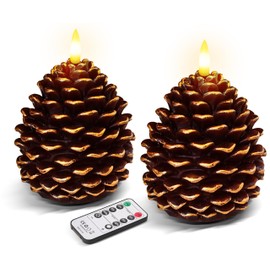 2Pcs Pine Cone Flameless Candles with Remote and Timer,LED Candles Battery Operated,Real Wax Window Candlesticks with Flickering 3D Flame for Winter Christmas Thanksgiving Decoration