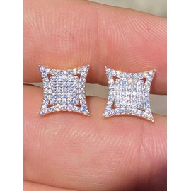 Mens Real 925 Sterling Silver Iced Diamond HipHop Square Kite Earrings Screwback