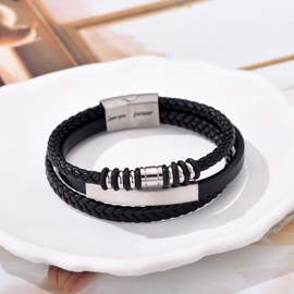 QUKE Mens Leather Bracelet Black Multi-Layer Bracelet for Men Stainless Steeel Clasp Gift for Him (Fits wrist size 18-20 cm)
