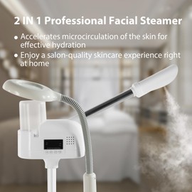 Professional Facial Steamer 2 in1 Steamer for Face 5X LED Magnifying Lamp Hot Ozone Facial Steamer for Esthetician Beauty Face Equipment Use at Home or Salon（White）