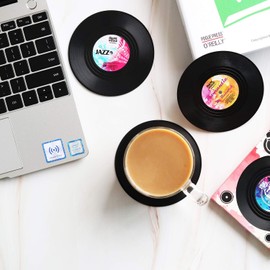 Divertidos posavasos de disco retro para bebidas con soporte para reproductor de vinilo para amantes de la música, juego de 6 piezas de conversación para refranes de bebidas, ideas de regalo para