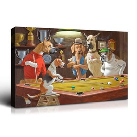 YONICA Wall Canvas Painting of Dogs Standing to Play Billiards, Art Decor Painting Picture Dogs Billiards Game Framed Stretched Printed on Canvas for Home Living Room Bedroom Office 18 X 12 Inches