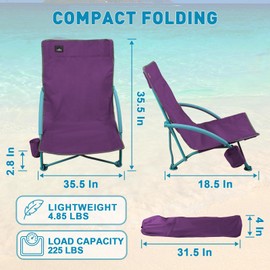 NORTHROAD Low Folding Beach Chair,Portable Lightweight Lowback Sling Chair, Outdoor Low Seat Camping Chair w/Cup Holder & Carry Bag for Sand Camping Lawn Picnic Festival,Purple