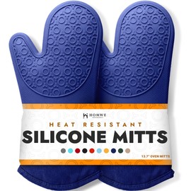 BPA-Free Soft Silicone Oven Mitts - Ultra Heat Resistant Oven Mitts with Thick Cotton Liner - Long Slip Resistant Pot Holders, Flexible Oven Gloves - Royal Blue 13.7"