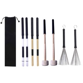 TUOREN 4Pair Drum Stick Brush Set 1 Pair Retractable Drum Wire Brushes,1 Pair Nylon Drum Sticks,1 Pair Bamboo Rods Drum Brushes and 1 Pair Multi-Purpose Felt Mallet for Jazz Folk Rock Band Acoustic