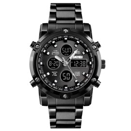 Men's Digiana Watch Chronograph Business Casual Japanese Movement Aram Function Calendar Day Stopwatch Digiana Wrist Watch Luminous Light SS Strap 30M Waterproof Round Face, black, Bracelet Type