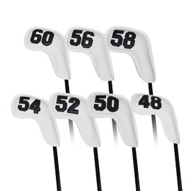 Prof 7Pcs Leather Wedge Golf Iron Head Covers Protective Club Waterproof & Scratch Resistant 48 50 52 54 56 58 60 Degree (White Black Number)