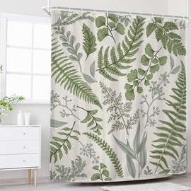 Riyidecor Fern Leaf Leaves Sage Green Shower Curtain for Bathroom Decor 60Wx72H Rural Eucalyptus Plant Natural Farmhouse Floral Botanical Art Printed Fabric Polyester Waterproof 12 Pack Plastic Hooks
