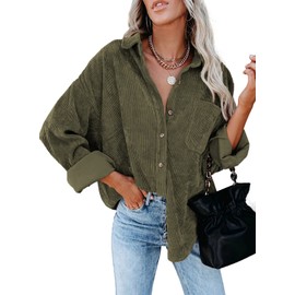 Dokotoo Womens Corduroy Shirts Button Down V Neck Long Sleeve Blouse Casual Roll Up Cuffed Tops with Pockets L Dark Green
