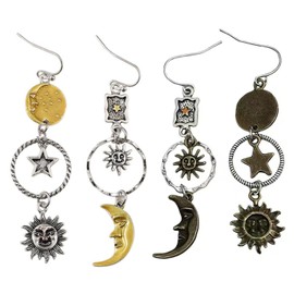 2 Pairs Of Sun Star Moon Earrings, Creative Style Earrings, Retro Metal Earrings, Long Pendant Earrings, Clothing Accessories