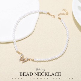 Ushiny Vintage Pearl Necklace Gold Butterfly Rhinestone Necklaces Festival Birthday Party Necklace Jewellery for Women and Girls, Pearl Rhinestone Metal, Rhinestone