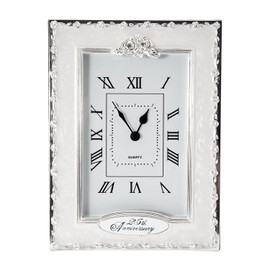 Happy Homewares Traditional 25th Anniversary Clock in White Epoxy with Silver Plated Roses and Clear Diamante Crystals | Quartz Technology