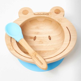 Bubba Boo Bamboo Bowl and Spoon Set Baby Suction Bowl Frog Design (Blue)