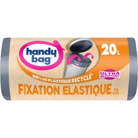 Handy Bag Bin Liners Pack of 15 20 Litre Elastic Very Resistant 80% Recycled Plastic Closure with Push Handles Elastic Fastening 3-Layer Leak-Proof 45 x 50 cm