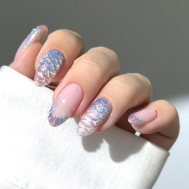 LOPMNGHT Press on Nails Medium Almond Artificial Acrylic Nail French Gradient 3D Fish Scales Unique Design Stick on Nail Full Cover Reusable Coffin Artificial Fingernails for Women Manicure 24Pcs