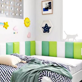 VEDHAA 3D Anti-Collision Wall Padding for Kids, Peel and Stick Upholstered Wall Panels, Queen Headboard, Playroom Decorative Protection Panel, Pack of 2 Panels Sized 23.6” X 11.8” (Green)