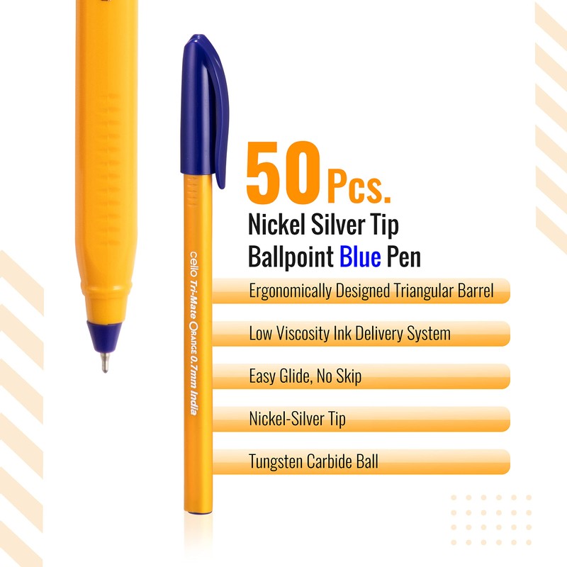 Cello Tri-Mate Orange Ballpoint Pens Medium Point Biro (Blue, Pack