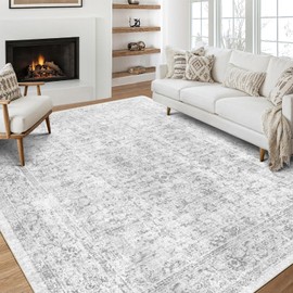 5x7 Area Rugs - Ultra-Thin Washable Rug with Non-Slip Backing, Ideal for Living Room, Bedroom, Dining Room Indoor - Vintage, Easy Clean, Durable, Low Pile Rug Grey
